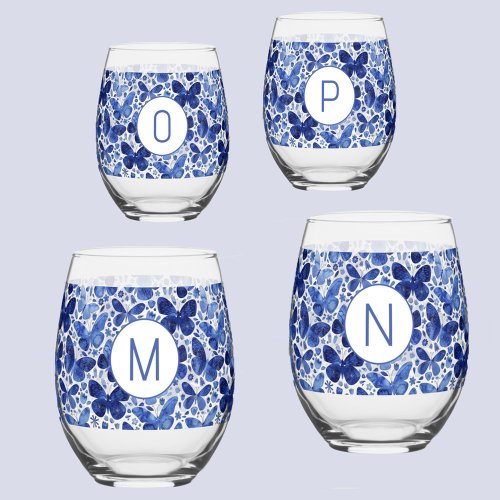 Butterfly Watercolor Blue Monogram Initial Stemless Wine Glass