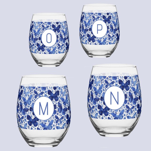 Butterfly Watercolor Blue Monogram Initial Stemless Wine Glass (Blue watercolor butterfly pattern personalized monogram initial glasses)