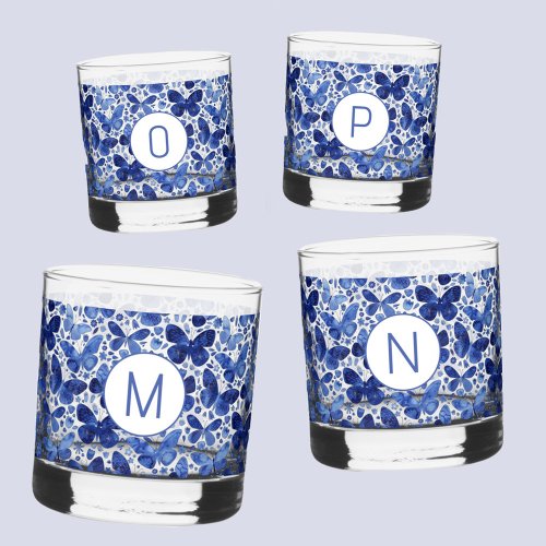 Butterfly Watercolor Blue Monogram Initial Whiskey Glass