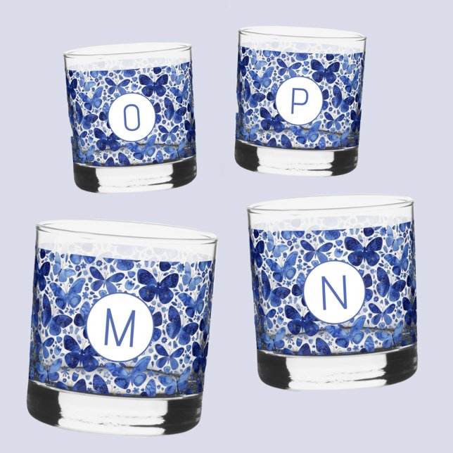 Butterfly Watercolor Blue Monogram Initial Whiskey Glass (Blue watercolor butterfly pattern personalized monogram initial glasses)