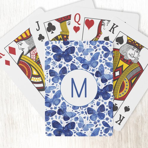 Butterfly Watercolor Blue Monogram Playing Cards