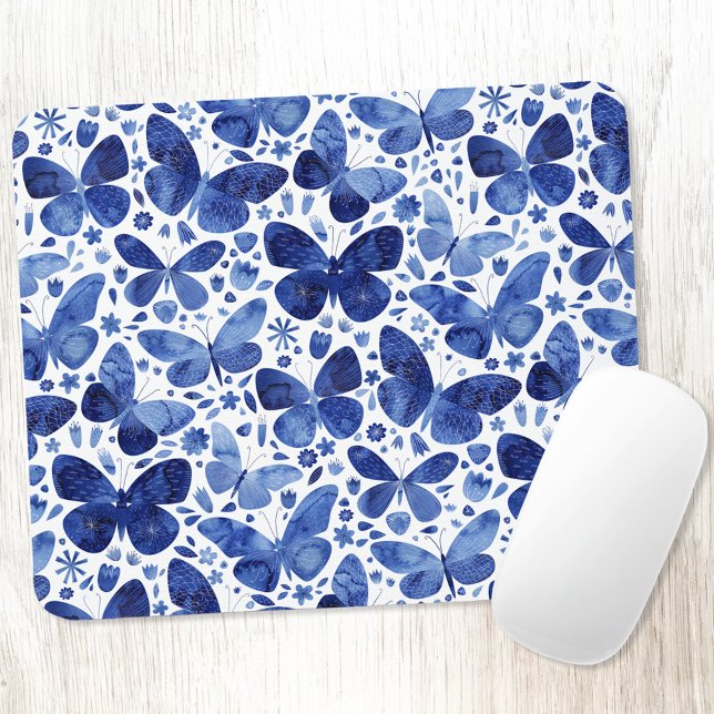 Butterfly Watercolor Blue Mouse Pad (Navy indigo blue watercolor butterfly pattern art mousemat)