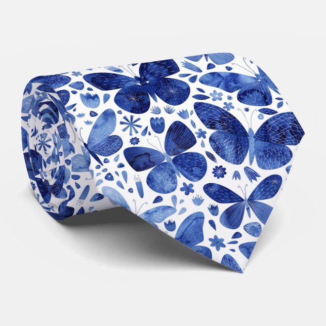 Butterfly Watercolor Blue Neck Tie (Rolled)