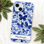 Butterfly Watercolor Blue Personalized iPhone 15 Case<br><div class="desc">Indigo blue and white watercolor butterfly pattern painting. 
Change the name to personalize.</div>