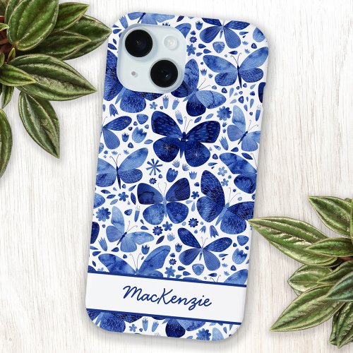 Butterfly Watercolor Blue Personalized iPhone 15 Case