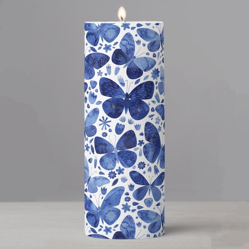 Butterfly Watercolor Blue Pillar Candle