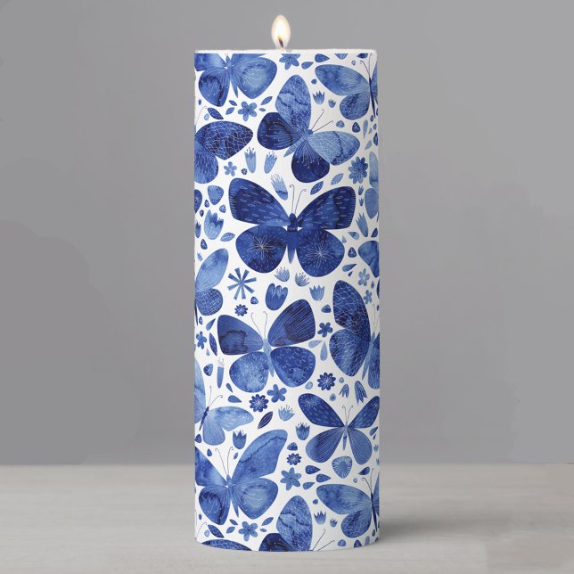 Butterfly Watercolor Blue Pillar Candle (Indigo navy blue and white watercolor butterfly pattern pillar candle)