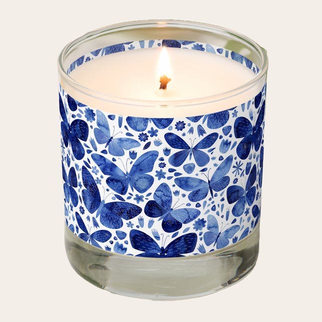 Butterfly Watercolor Blue Scented Candle (Blue and white watercolor butterfly pattern scented candle)
