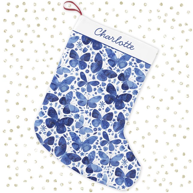 Butterfly Watercolor Blue Small Christmas Stocking (Personalized script name pretty blue and white watercolor Christmas stocking)