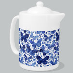 Butterfly Watercolor Blue Teapot<br><div class="desc">Indigo blue and white watercolor butterfly painting. Original art by Nic Squirrell.</div>