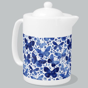 Butterfly Watercolor Blue Teapot by Squirrell at Zazzle