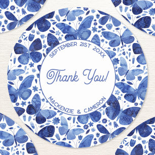 Butterfly Watercolor Blue Thank You Personalized Classic Round Sticker