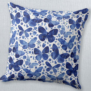 Butterfly Watercolor Blue Throw Pillow