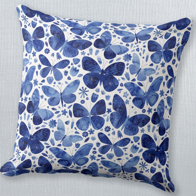 Butterfly Watercolor Blue Throw Pillow (Indigo navy blue butterfly watercolor painting throw pillow)