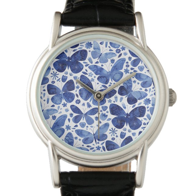 Butterfly Watercolor Blue Watch (Navy indigo blue and white watercolor butterfly pattern watch)