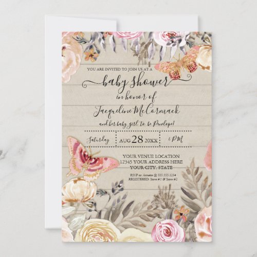 Butterfly Watercolor Blush Floral Rose Rustic Wood Invitation