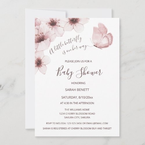 Butterfly Watercolor Cherry Blossom Baby Shower Invitation