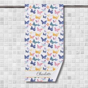 Butterfly Watercolor Colorful Pattern Custom Name  Bath Towel