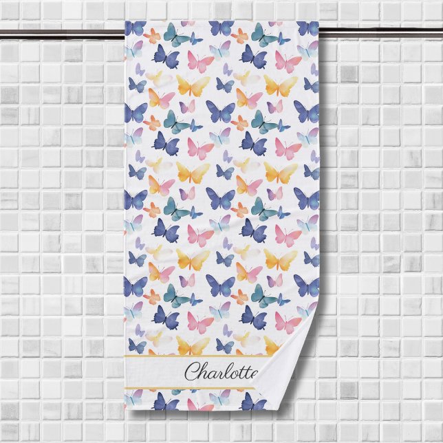 Butterfly Watercolor Colorful Pattern Custom Name  Bath Towel (Creator Uploaded)