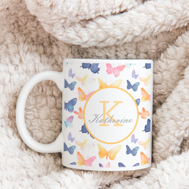 Butterfly Watercolor Colorful Pattern Custom Name  Coffee Mug (Creator Uploaded)