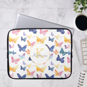 Butterfly Watercolor Colorful Pattern Custom Name Laptop Sleeve