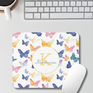 Butterfly Watercolor Colorful Pattern Custom Name Mouse Pad