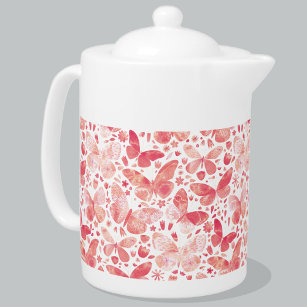 Butterfly Watercolor Coral Pink Teapot