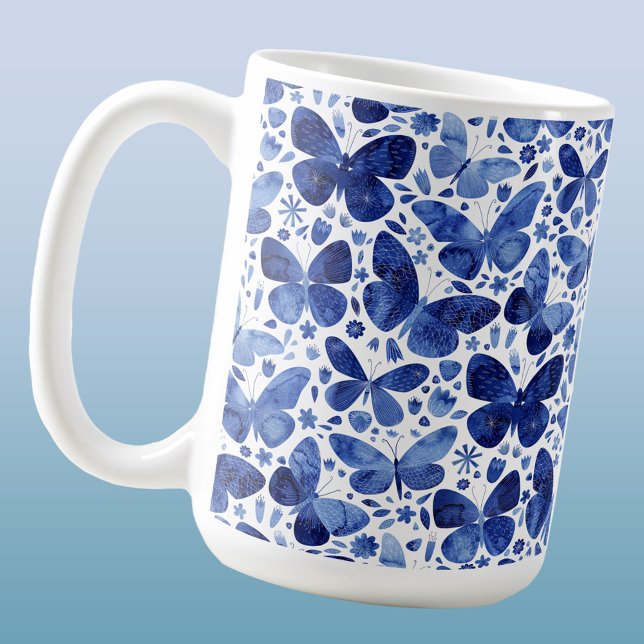 Butterfly Watercolor Indigo Blue Coffee Mug (Blue and white butterfly watercolor coffee mug)