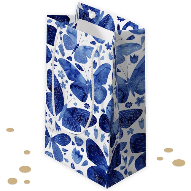 Butterfly Watercolor Indigo Blue Pattern Small Gift Bag (Watercolor butterfly pattern gift bag)