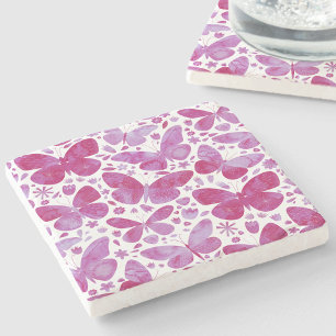 Butterfly Watercolor Magenta Pink Stone Coaster