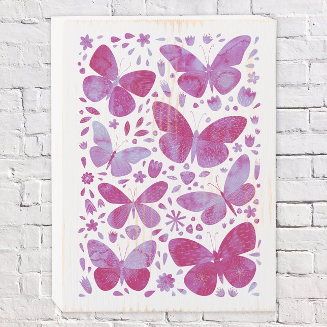 Butterfly Watercolor Magenta Wooden Box Sign (Magenta pink watercolor butterfly painting wooden box sign)