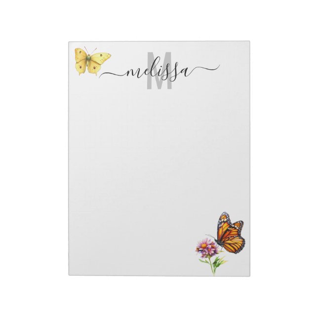 Butterfly Watercolor Monogram Name Notepad (Rotated)