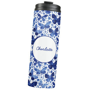 Butterfly Watercolor Navy Indigo Blue Personalized Thermal Tumbler