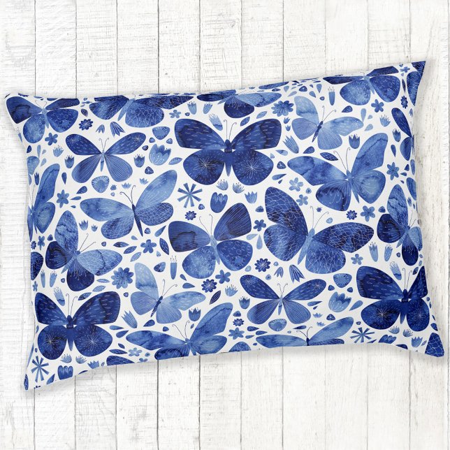 Butterfly Watercolor Navy Indigo Blue Pet Bed (Navy indigo blue and white watercolor butterfly pattern pet or dog bed)