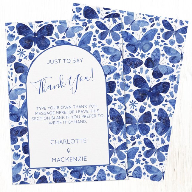 Butterfly Watercolor Pattern Blue and White Thank You Card (Blue and white butterfly watercolor pattern personalized custom text thank you card)