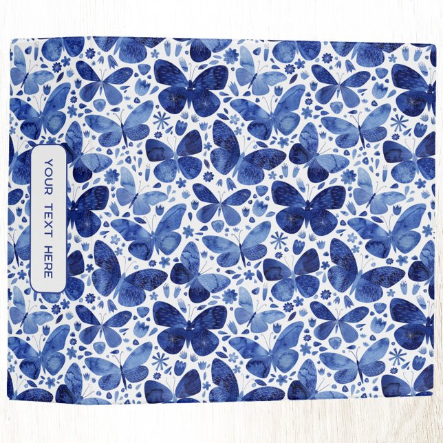 Butterfly Watercolor Pattern Blue White 3 Ring Binder (Blue watercolor butterfly pattern personalized custom text three ring binder)