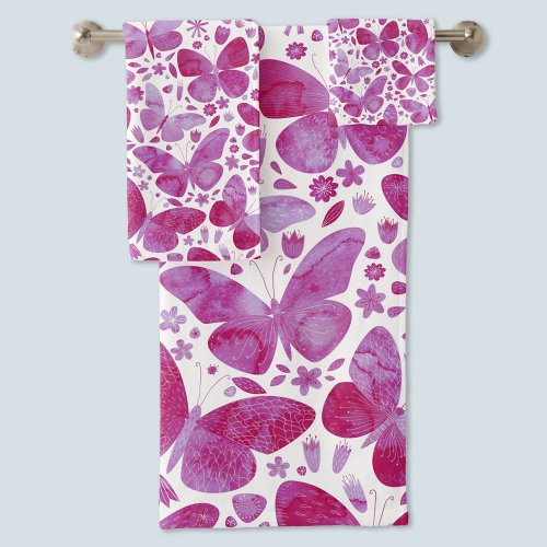 Butterfly Watercolor Pink Bath Towel Set