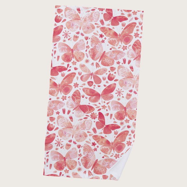 Butterfly Watercolor Pink Beach Towel (Coral blush pink watercolor butterfly pattern art beach towel)