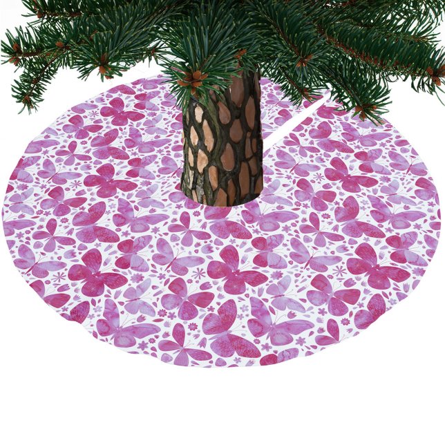 Butterfly Watercolor Pink Brushed Polyester Tree Skirt (Hot magenta pink and white watercolor butterfly art Christmas tree skirt)