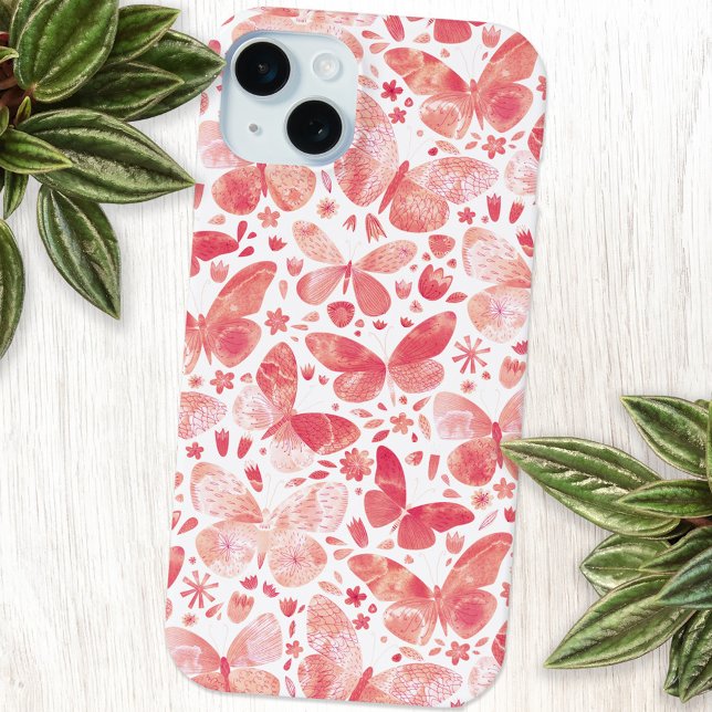 Butterfly Watercolor Pink Case-Mate iPhone Case (Coral blush peach pink and white watercolor butterfly art cell phone case)