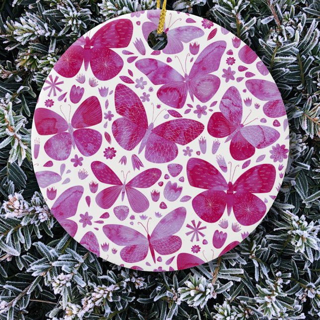 Butterfly Watercolor Pink Ceramic Ornament (Pink butterfly watercolor art  ceramic Christmas ornament)