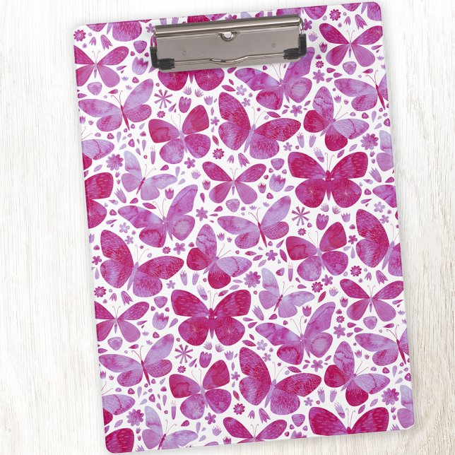 Butterfly Watercolor Pink Clipboard (Magenta pink watercolor butterfly pattern clipboard)