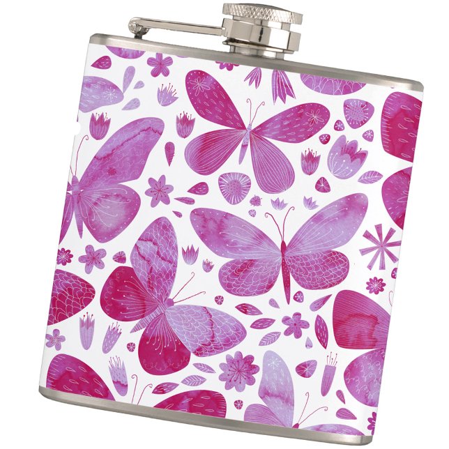 Butterfly Watercolor Pink Flask (Magenta hot pink and white watercolor butterfly art hip flask)