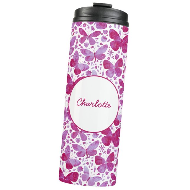 Butterfly Watercolor Pink Personalized Thermal Tumbler (Magenta pink watercolor butterfly pattern personalized name thermal tumbler)