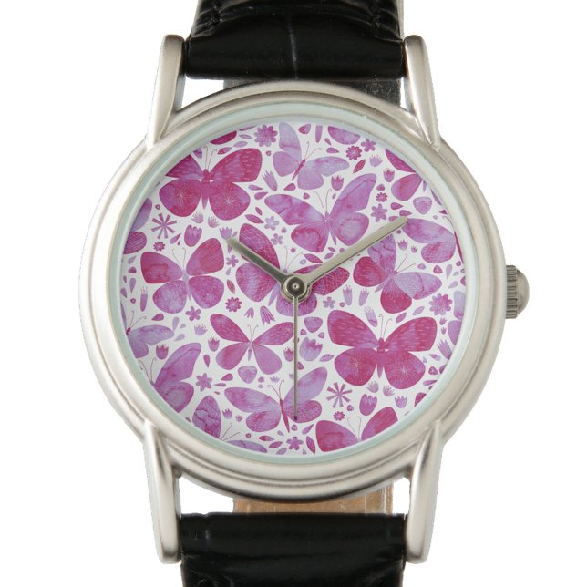 Butterfly Watercolor Pink Watch (Magenta pink and white watercolor butterfly pattern watch)