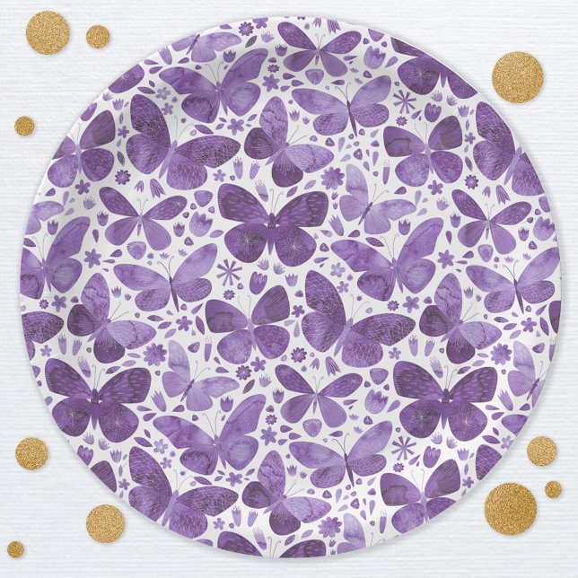 Butterfly Watercolor Purple Paper Plates (Butterfly watercolor pattern purple party paper plates)