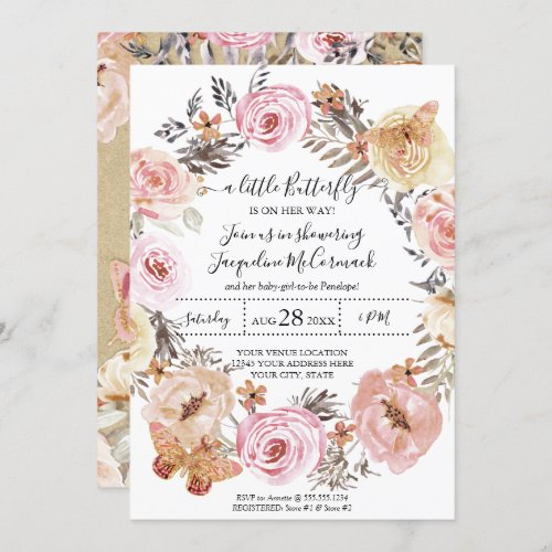 Butterfly Watercolor Wreath Pink Floral Baby Girl Invitation