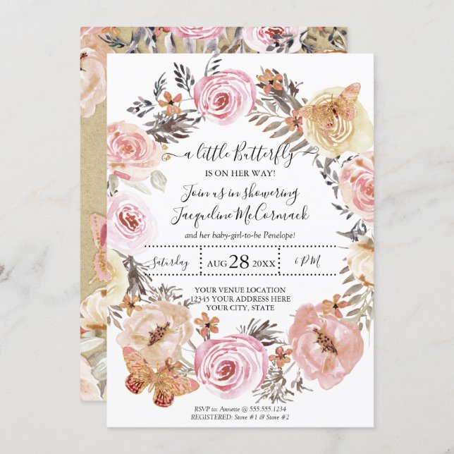Butterfly Watercolor Wreath Pink Floral Baby Girl Invitation (Front/Back)