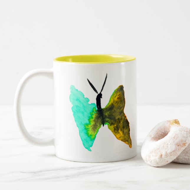 Butterfly watercolour aqua pretty Two-Tone coffee mug (With Donut)