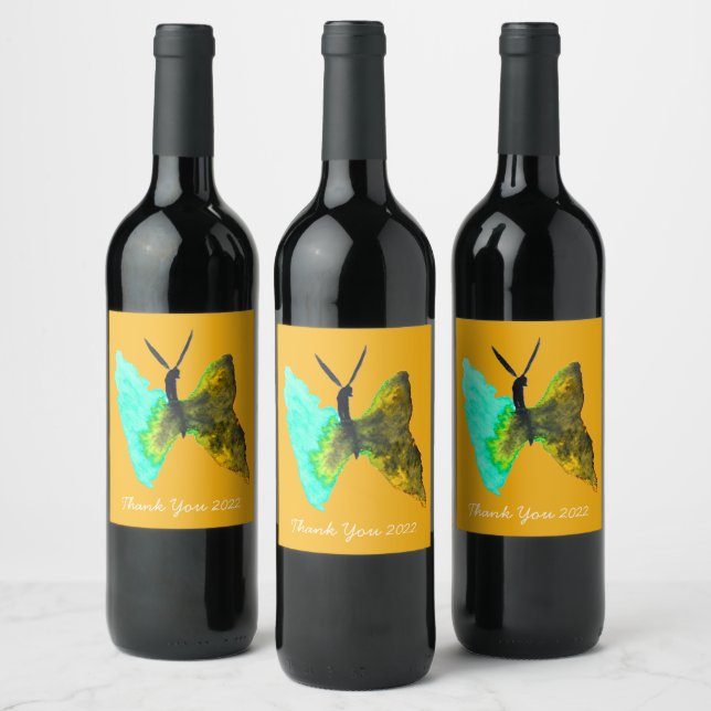 Butterfly watercolour aqua pretty wine label (Bottles)